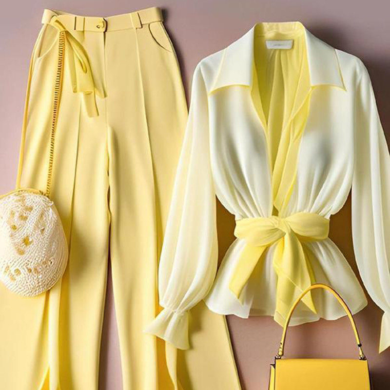 Kollane särk laia säärega püksid vabaaja ülikond 2024 suvine kõrgekvaliteediline mood vaba kaheosaline komplekt naiste komplektid