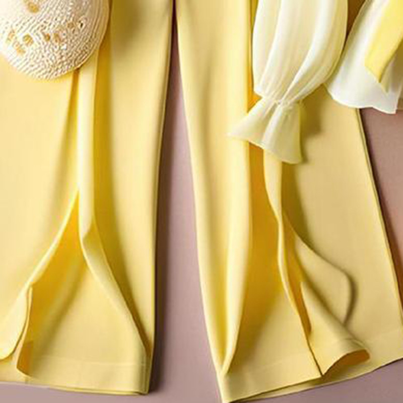 Kollane särk laia säärega püksid vabaaja ülikond 2024 suvine kõrgekvaliteediline mood vaba kaheosaline komplekt naiste komplektid