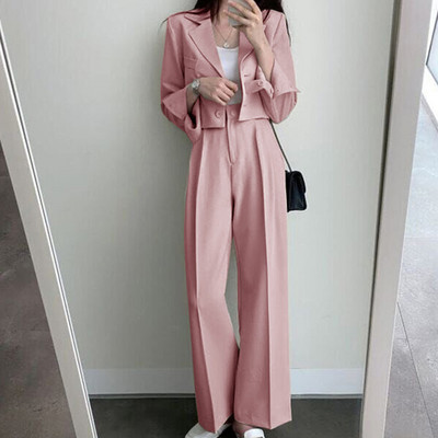 Pantaloni blazer scurti Set din două piese pentru damă Costume cu un singur piept Blazer Top și talie înaltă Costumul pantalon cu picioare largi Ținute de primăvară pentru birou