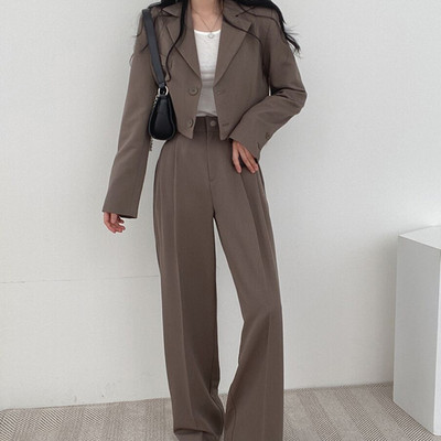 Pantaloni blazer scurti Set din două piese pentru damă Costume cu un singur piept Blazer Top și talie înaltă Costumul pantalon cu picioare largi Ținute de primăvară pentru birou