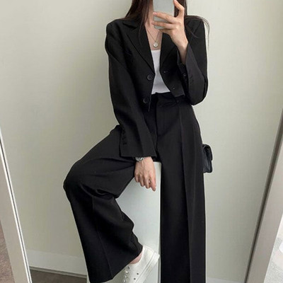 Pantaloni blazer scurti Set din două piese pentru damă Costume cu un singur piept Blazer Top și talie înaltă Costumul pantalon cu picioare largi Ținute de primăvară pentru birou