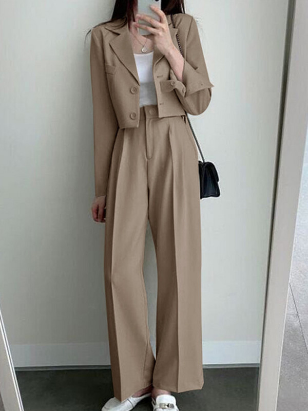 Pantaloni blazer scurti Set din două piese pentru damă Costume cu un singur piept Blazer Top și talie înaltă Costumul pantalon cu picioare largi Ținute de primăvară pentru birou