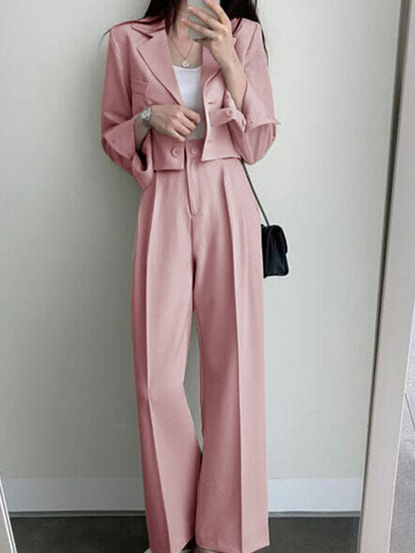 Pantaloni blazer scurti Set din două piese pentru damă Costume cu un singur piept Blazer Top și talie înaltă Costumul pantalon cu picioare largi Ținute de primăvară pentru birou