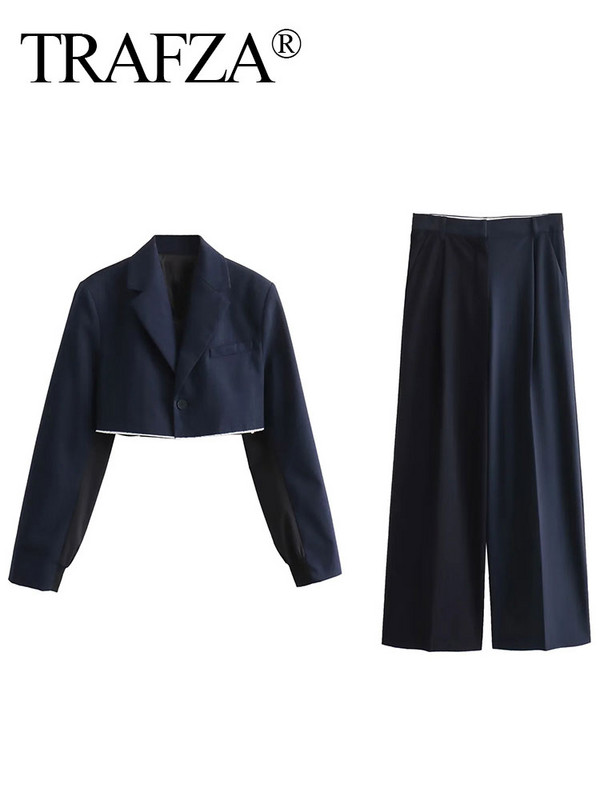TRAFZA komplektid naistele Moodsad jope-stiilis liibuvad pikkade varrukatega bleiserid + naiste kevad- ja sügispüksid laia säärega