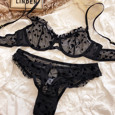 Jauns apakšveļas siksnu komplekts Sexy Ultra Thin Caurspīdīgs krūšturis Sieviešu apakšveļa Push Up Bra Set Vasaras Romantic Persiku sirds apakšveļa