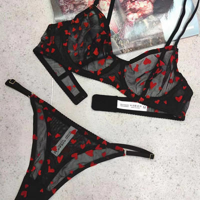 Jauns apakšveļas siksnu komplekts Sexy Ultra Thin Caurspīdīgs krūšturis Sieviešu apakšveļa Push Up Bra Set Vasaras Romantic Persiku sirds apakšveļa