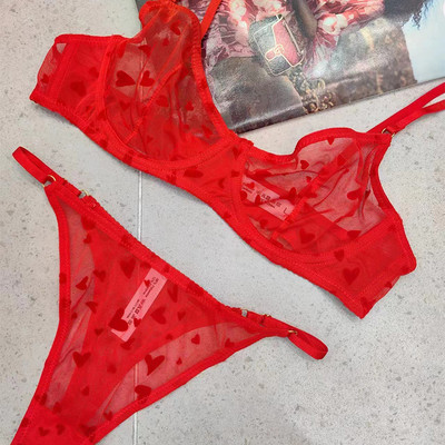 Jauns apakšveļas siksnu komplekts Sexy Ultra Thin Caurspīdīgs krūšturis Sieviešu apakšveļa Push Up Bra Set Vasaras Romantic Persiku sirds apakšveļa