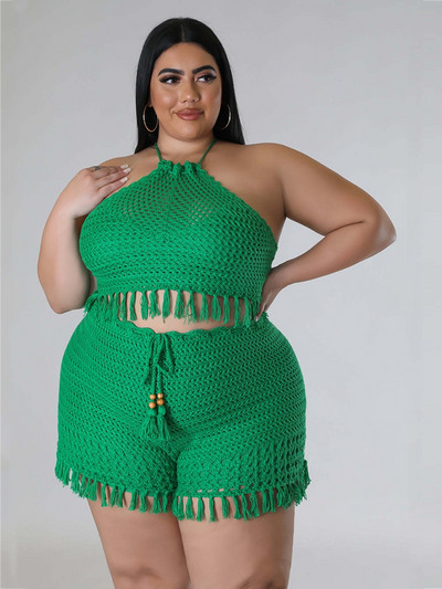 Naiste puhkuserõivad 2023. aasta suvine kootud kostüüm, kaelusega topp ja lühikesed püksid, kaheosalised seksikad läbipaistvad suures suuruses komplektid