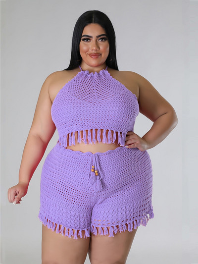 Naiste puhkuserõivad 2023. aasta suvine kootud kostüüm, kaelusega topp ja lühikesed püksid, kaheosalised seksikad läbipaistvad suures suuruses komplektid