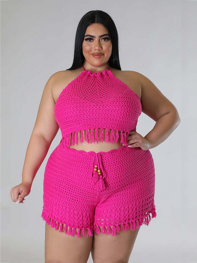 Naiste puhkuserõivad 2023. aasta suvine kootud kostüüm, kaelusega topp ja lühikesed püksid, kaheosalised seksikad läbipaistvad suures suuruses komplektid