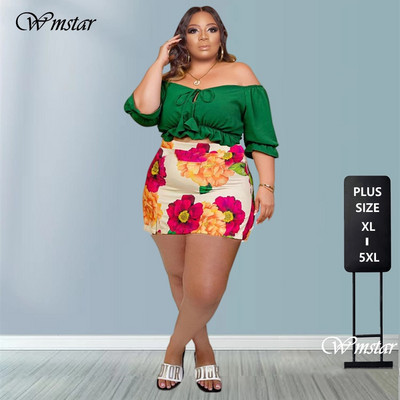 Wmstar Plus Size Női Ruházat Mini szoknya szettek Nyári Solid Top Print Édesen passzoló, kétrészes ruhák Nagykereskedelmi Dropshipping