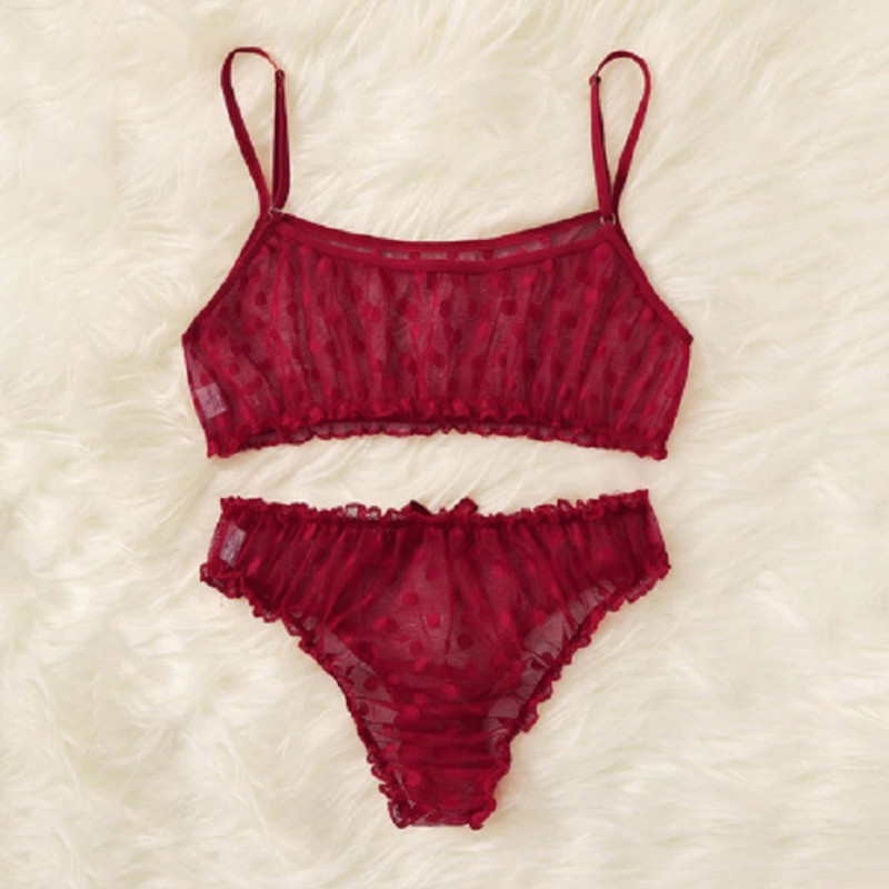 Set de lenjerie intimă sexy din dantelă pentru femei, alb, negru, cu buline, sutien și slip din dantelă din plasă, lenjerie intimă erotică transparentă