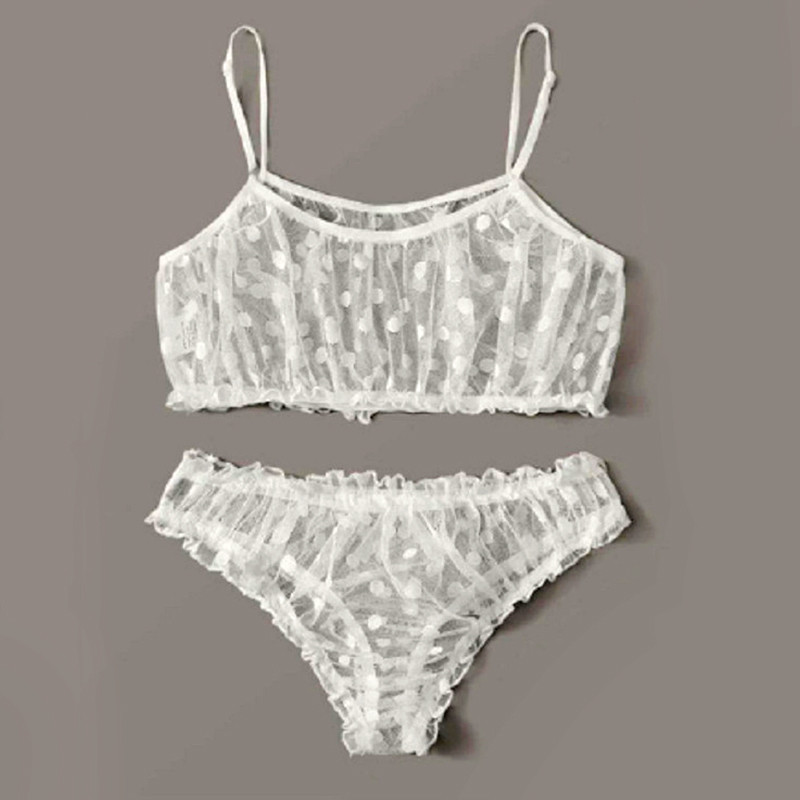 Set de lenjerie intimă sexy din dantelă pentru femei, alb, negru, cu buline, sutien și slip din dantelă din plasă, lenjerie intimă erotică transparentă