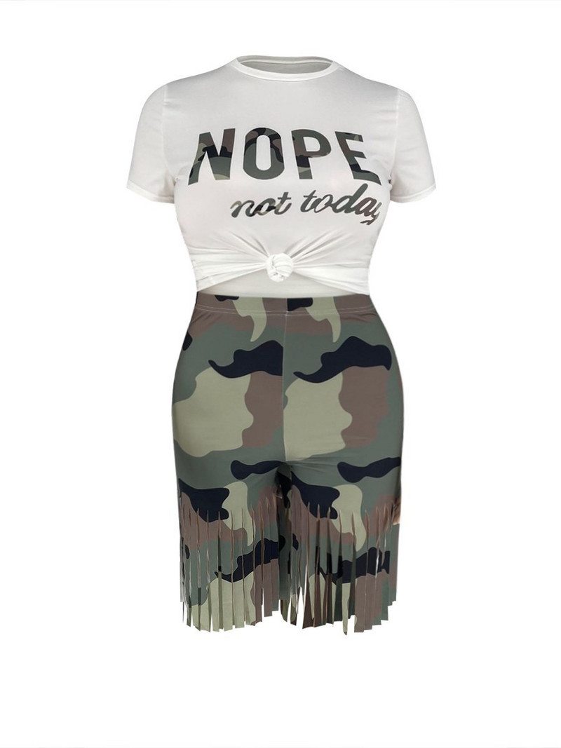 Set pantaloni scurți LW Plus Size Camo Tassel Y2k Graphics Set pantaloni scurți pentru femei Set două piese cu mâneci scurte ținută casual pentru femei
