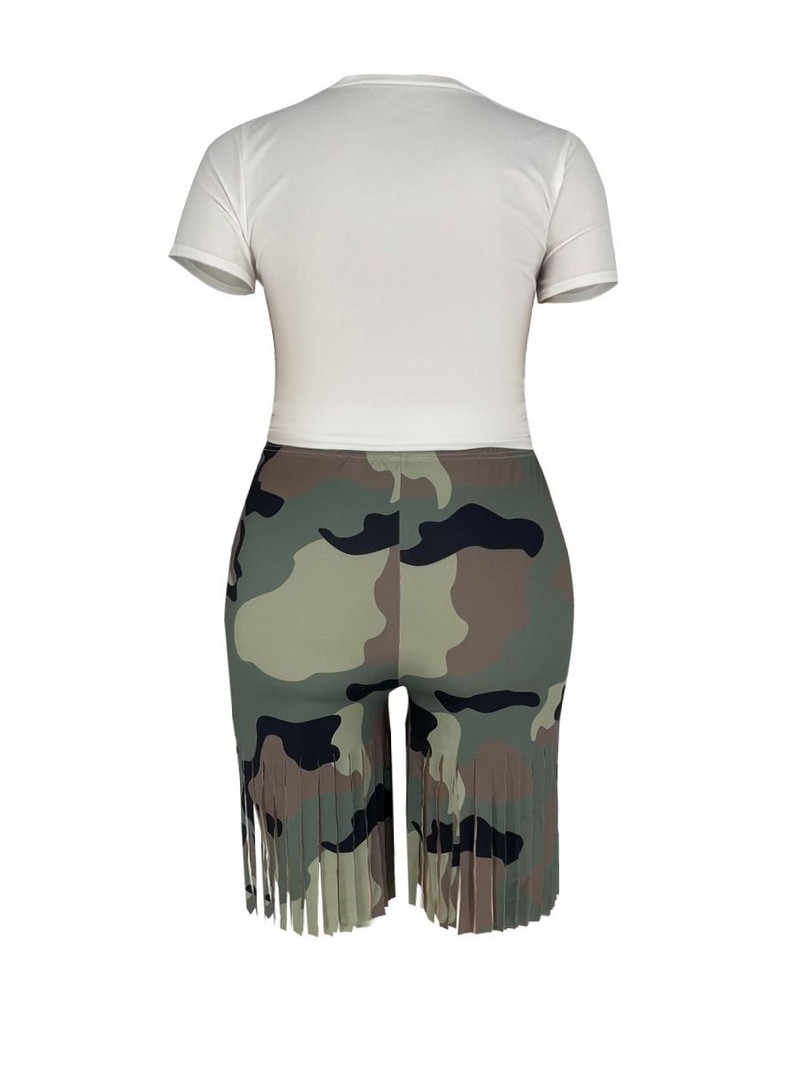 Set pantaloni scurți LW Plus Size Camo Tassel Y2k Graphics Set pantaloni scurți pentru femei Set două piese cu mâneci scurte ținută casual pentru femei