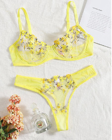 1 szett átlátszó fehérnemű szett női hálós háló Sexi Lenceria Érzéki Mujer melltartó szettek Hímzés Virágos, drótozott melltartó és bugyi szett