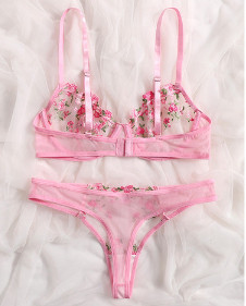 1 szett átlátszó fehérnemű szett női hálós háló Sexi Lenceria Érzéki Mujer melltartó szettek Hímzés Virágos, drótozott melltartó és bugyi szett