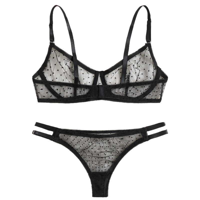 Seksi mrežasti prozirni komplet ženskog donjeg rublja na točkice Ultra-tanki goli kawaii donji veš 2-dijelni grudnjak + g-string Ženski erotski set grudnjaka
