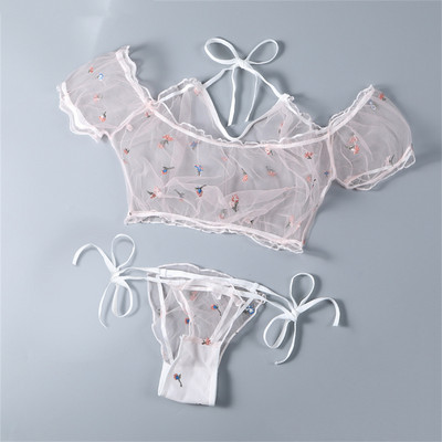 Naiste aluspesu Seksikas läbipaistvast võrgust naistepesukomplekt Naistele Läbipaistev tikitud lillelised agaric pitsid Crop Tops Lips küljepüksid