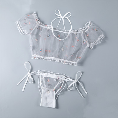 Naiste aluspesu Seksikas läbipaistvast võrgust naistepesukomplekt Naistele Läbipaistev tikitud lillelised agaric pitsid Crop Tops Lips küljepüksid