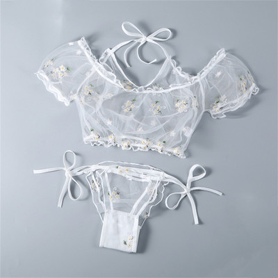 Naiste aluspesu Seksikas läbipaistvast võrgust naistepesukomplekt Naistele Läbipaistev tikitud lillelised agaric pitsid Crop Tops Lips küljepüksid