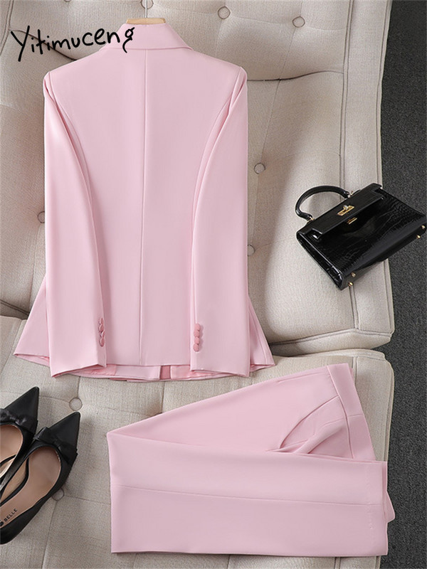 Yitimucengi roosad naiste ülikonnad, kontorikomplektid, 2023. aasta uued moodsad sälkudega pikkade varrukatega kaherealised bleiserid šikkad kõrge vöökohaga pükskostüümid