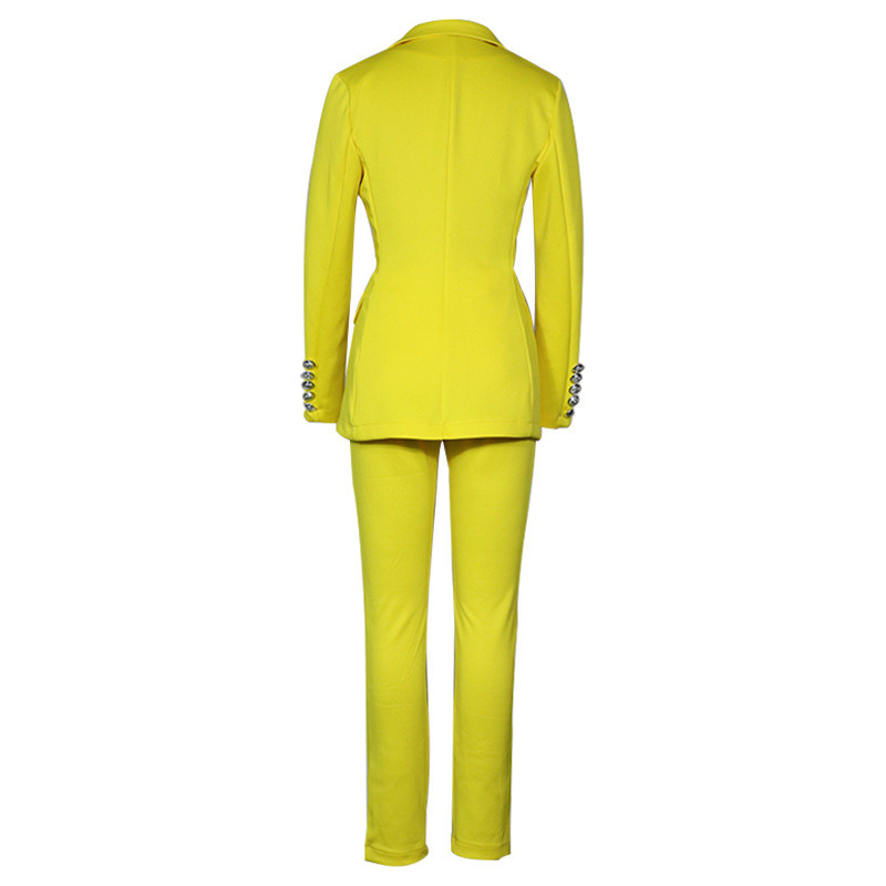 2023 m. dviejų dalių moteriškas kostiumas ilgomis rankovėmis paltas ir kelnės Vienspalvis švarkas, vieno mygtuko geltonas švarkas su kelnių rinkiniais, apranga