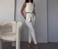 Női nadrág szett 2024 tavaszi/nyári új alkalmi ujjatlan mellény felső, magas derekú, egyenes lábú nadrág, egyszínű, kétrészes szett