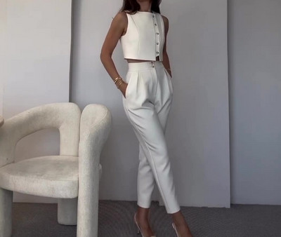 Női nadrág szett 2024 tavaszi/nyári új alkalmi ujjatlan mellény felső, magas derekú, egyenes lábú nadrág, egyszínű, kétrészes szett