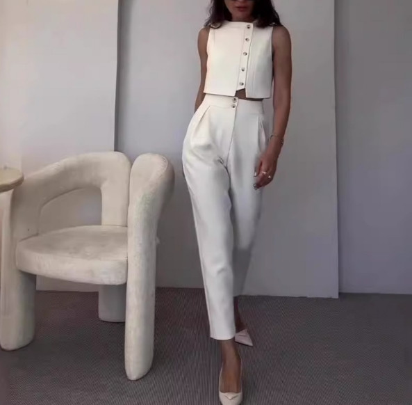 Női nadrág szett 2024 tavaszi/nyári új alkalmi ujjatlan mellény felső, magas derekú, egyenes lábú nadrág, egyszínű, kétrészes szett