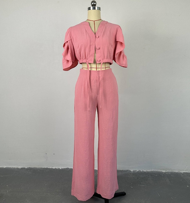 Modes 2023. gads. Sievietēm, divdaļīgs komplekts, vienkrāsains, V veida kakla izgriezums, piedurkne, pieslēgta augšpusē, platas bikses, ikdienas komplekts, sporta tērps