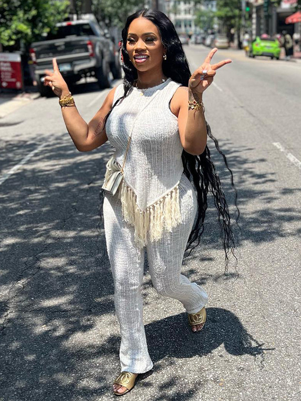 Dīvains sieviešu dzimumlocekļa 2-daļīgs komplekts ar neregulāriem pušķiem bez piedurknēm un bikses ar elastīgu vidukli, bikses Streetwear Y2K ballītēm.