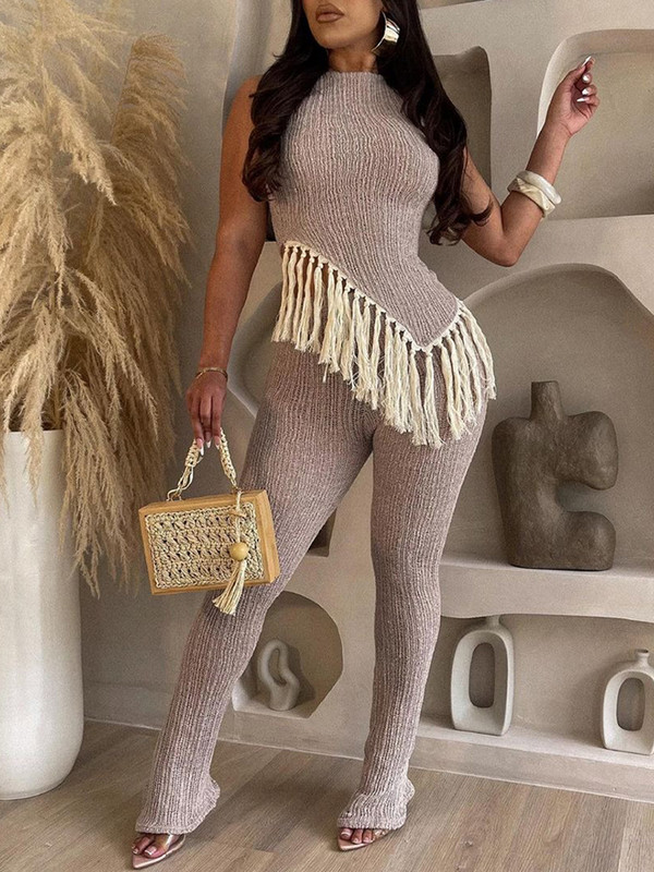 Dīvains sieviešu dzimumlocekļa 2-daļīgs komplekts ar neregulāriem pušķiem bez piedurknēm un bikses ar elastīgu vidukli, bikses Streetwear Y2K ballītēm.