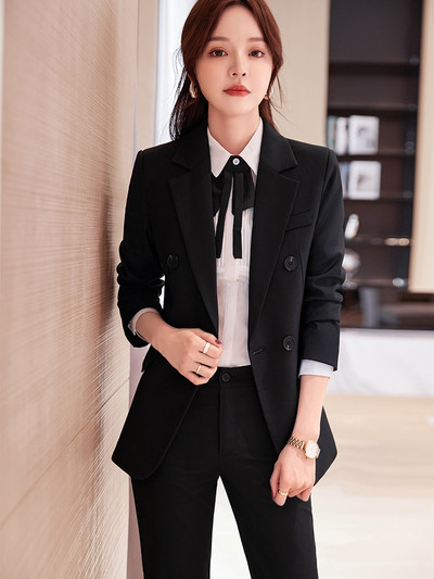 Novi uredski ženski odijelo s hlačama Ženska crno-plava ženska poslovna radna odjeća Jakna, sako i svečani komplet hlača od 2 komada