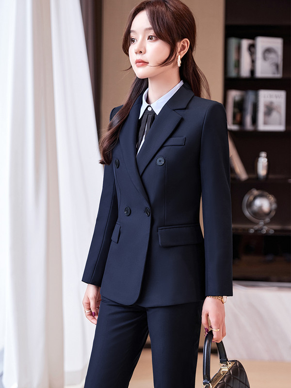 Novi uredski ženski odijelo s hlačama Ženska crno-plava ženska poslovna radna odjeća Jakna, sako i svečani komplet hlača od 2 komada