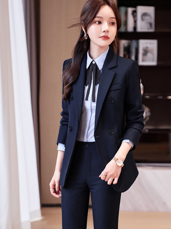Novi uredski ženski odijelo s hlačama Ženska crno-plava ženska poslovna radna odjeća Jakna, sako i svečani komplet hlača od 2 komada