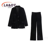 Sieviešu 2024. gada rudens ziemas modes pogu kabatas ar garām piedurknēm samta žakete + ikdienas bikšu komplekti ar augstu jostasvietu sievietēm