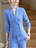 Yitimuceng Sieviešu biroja sieviešu bikškostīmi divdaļīgs komplekts asimetrisks, garām piedurknēm, tievs formāls žakete uzvalki ar augstu jostasvietu