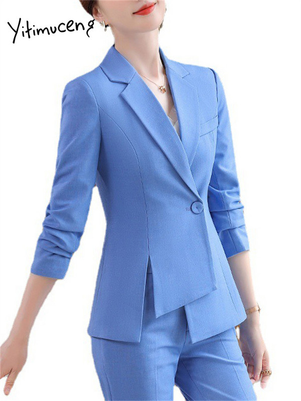 Yitimuceng Sieviešu biroja sieviešu bikškostīmi divdaļīgs komplekts asimetrisks, garām piedurknēm, tievs formāls žakete uzvalki ar augstu jostasvietu