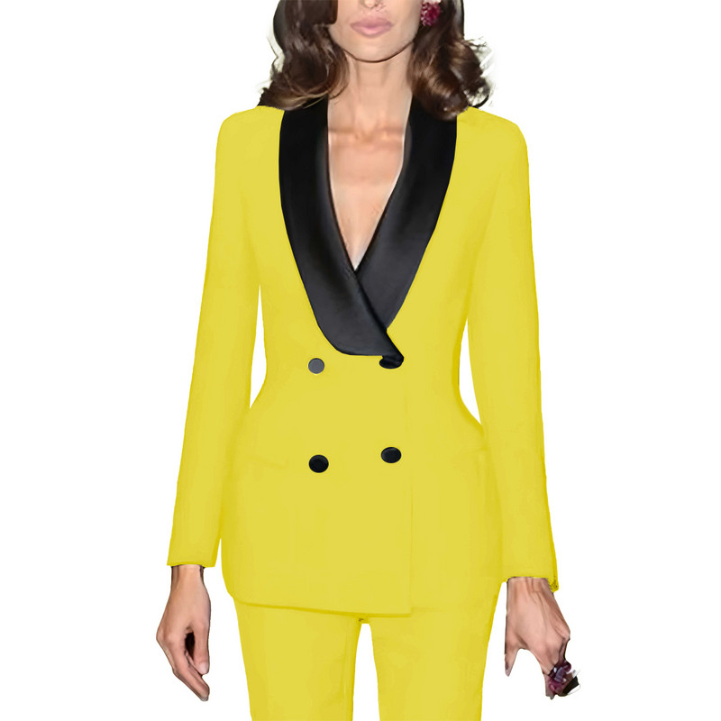 Naiste eritellimusel valmistatud kaherealine 2 tk smokingi ülikond, satiinist revääriga äri ametlik ametlik kontorikomplekt naiste ülikonnakomplekt, must ülikond, mood riie