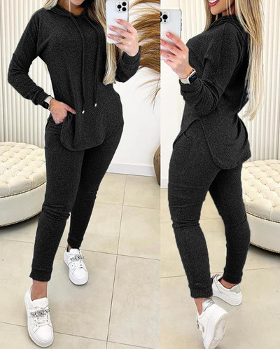 2-osaline naisteriietus, 2023. aasta kevadmoodne ääris, pikkade varrukatega kapuutsiga pusa ja vabaaja taskukujundusega kõrge vöökohaga pükste komplekt