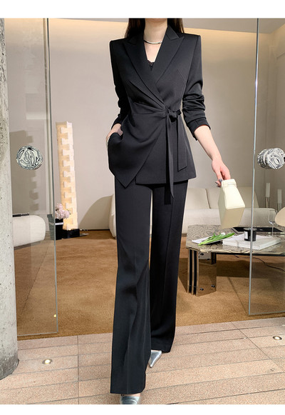 Korejiešu slaids uzvalka komplekts braukšanai uz darbu un mājām, jauns, moderns, piesienams dizains, žakete + stingras bikses ar taisnām kājām 2 dab.