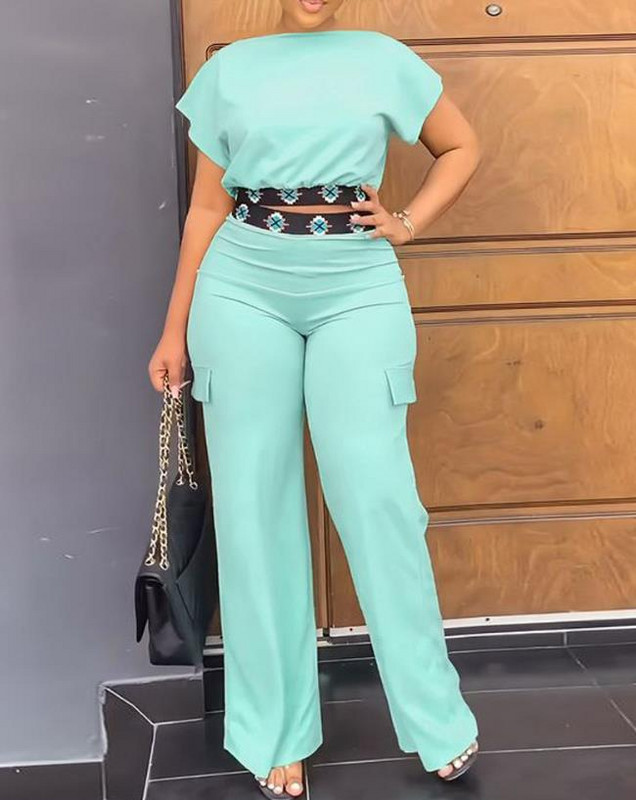 Kaheosalised komplektid, naiste riietus 2023. aasta suvemood, geomeetrilise trükiga paadikael, lühikeste varrukatega kärbitud ülaosa ja igapäevane taskupükste komplekt