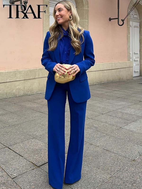 TRAF sieviešu uzvalku garu bikšu komplekti sievietēm 2 dab. Modes biroja mētelis, mētelis, formāls jauns divdaļīgs sieviešu apģērbs