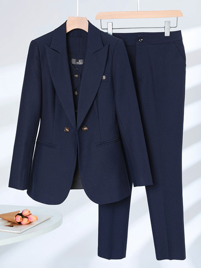 Naiste pidulik bleiservest ja pükskostüüm, sügistalvine meremerepunane roosa aprikoos, kontor Naiste äririietus, 3-osaline komplekt