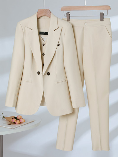 Naiste pidulik bleiservest ja pükskostüüm, sügistalvine meremerepunane roosa aprikoos, kontor Naiste äririietus, 3-osaline komplekt