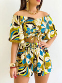 Seksikas õlavaba kaelusega T-särgi lühikeste pükste komplekt Office Lady Lilleprinteriga pitsitud lühikeste varrukatega kaheosaline naiste komplekt 2023