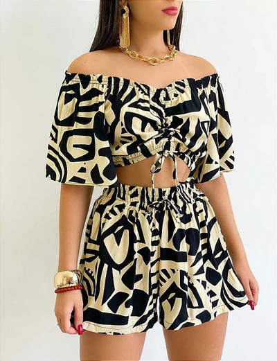 Seksikas õlavaba kaelusega T-särgi lühikeste pükste komplekt Office Lady Lilleprinteriga pitsitud lühikeste varrukatega kaheosaline naiste komplekt 2023