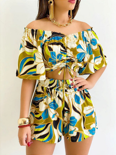 Seksikas õlavaba kaelusega T-särgi lühikeste pükste komplekt Office Lady Lilleprinteriga pitsitud lühikeste varrukatega kaheosaline naiste komplekt 2023