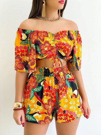 Seksikas õlavaba kaelusega T-särgi lühikeste pükste komplekt Office Lady Lilleprinteriga pitsitud lühikeste varrukatega kaheosaline naiste komplekt 2023